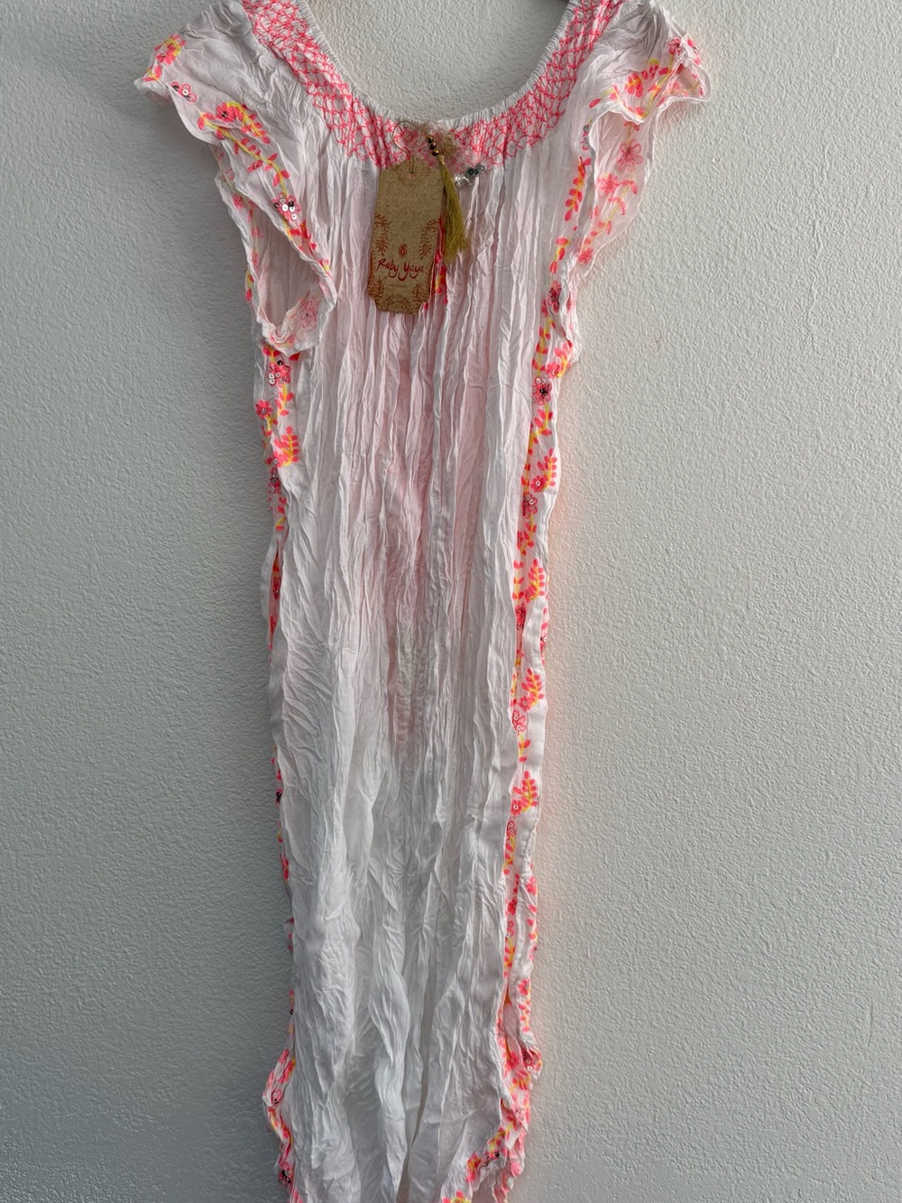 White Embroidered Maxi Dress with Neon Pink Accents - Picture 2 of 4